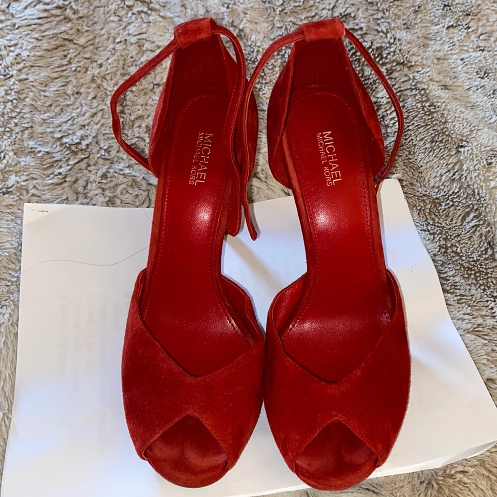 Gently worn , Red ankle strap Michael Kor peep toe shoes.Smoke free home